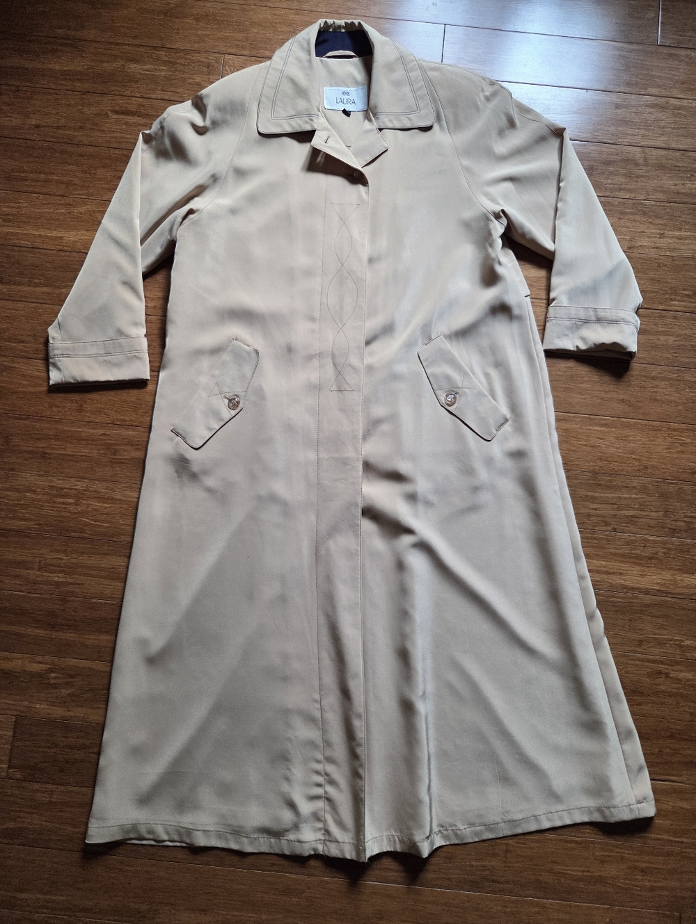 Laura 90s Beige Trench Coat Long Minimalist Classic Embroidered Button Front 12